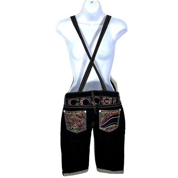 Coogi Black Jean Short Overalls Rainbow ColorEmbroidery Size 9 10 - Picture 1 of 16